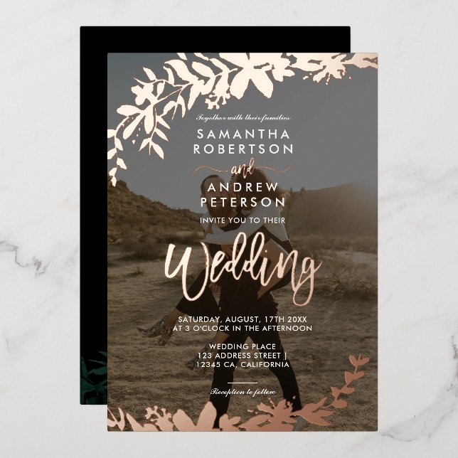 Rose gold script typography Floral photo wedding (Front/Back)