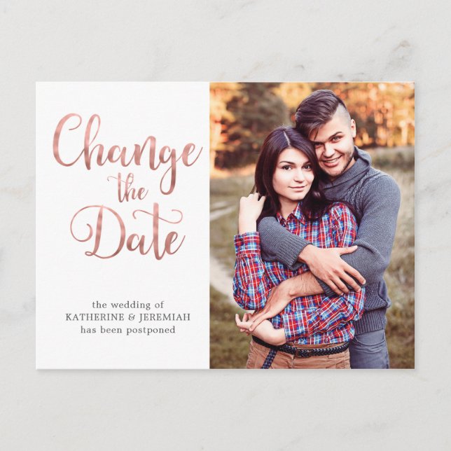 Rose Gold Script Wedding Postponement Date Change Postcard (Front)