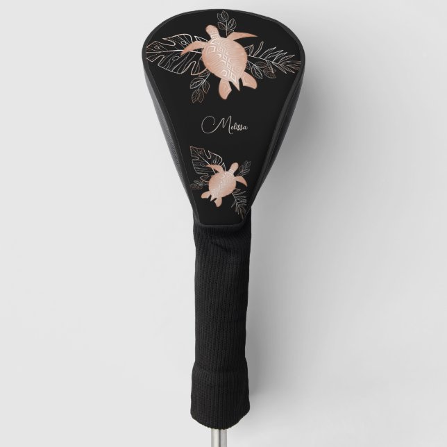 Rose Gold Sea Turtle Black Your Name Golf Head Cover (Front)