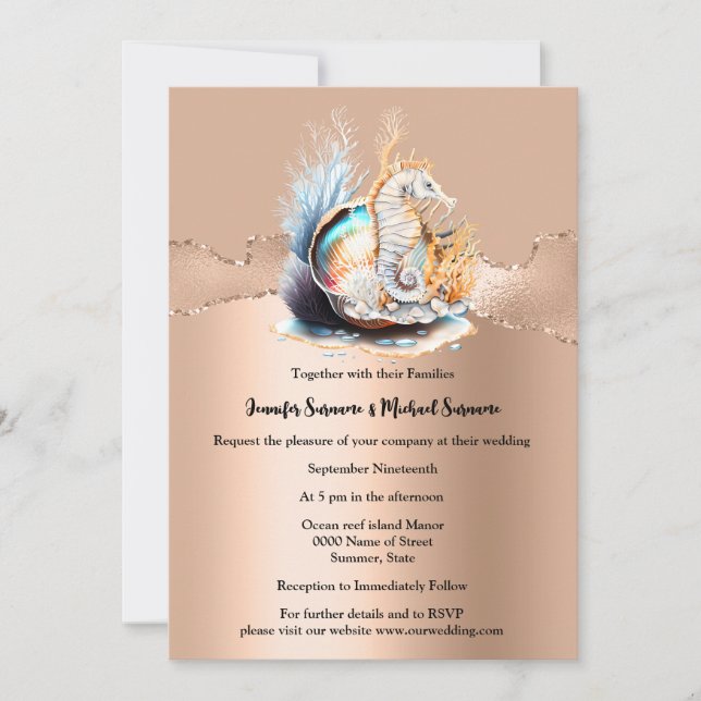Rose gold seahorse shimmer iridescent shell coral invitation (Front)