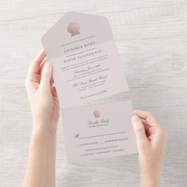 Rose Gold Seashell Elegant Ocean Beach PINK All In One Invitation (Tearaway)
