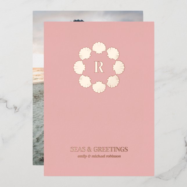 Rose Gold Seashell Wreath Seas And Greetings Photo Foil Holiday Card (Front/Back)