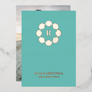 Rose Gold Seashell Wreath Seas And Greetings Photo Foil Holiday Card