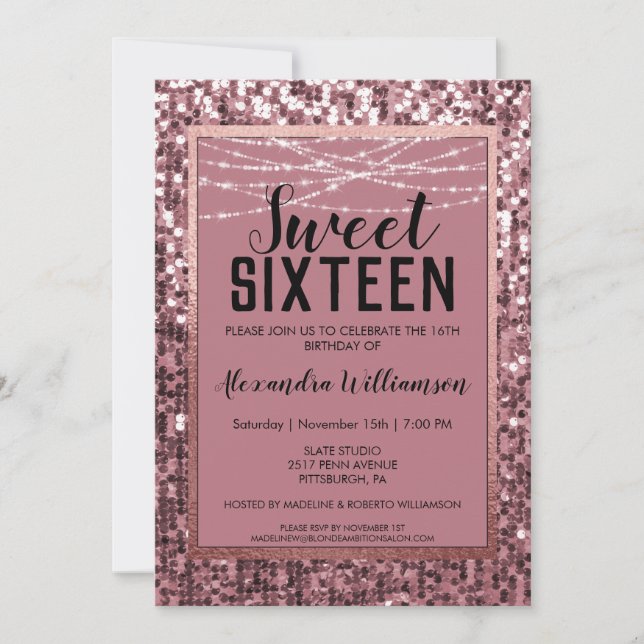 Rose Gold  Sequin/Glitter Sweet 16 Birthday Party Invitation (Front)