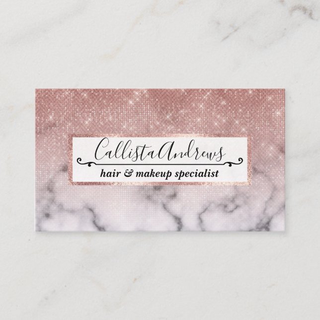 Rose Gold Sequin Glitter White Marble Ombre Business Card (Front)