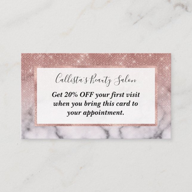 Rose Gold Sequin Glitter White Marble Ombre Discount Card (Front)