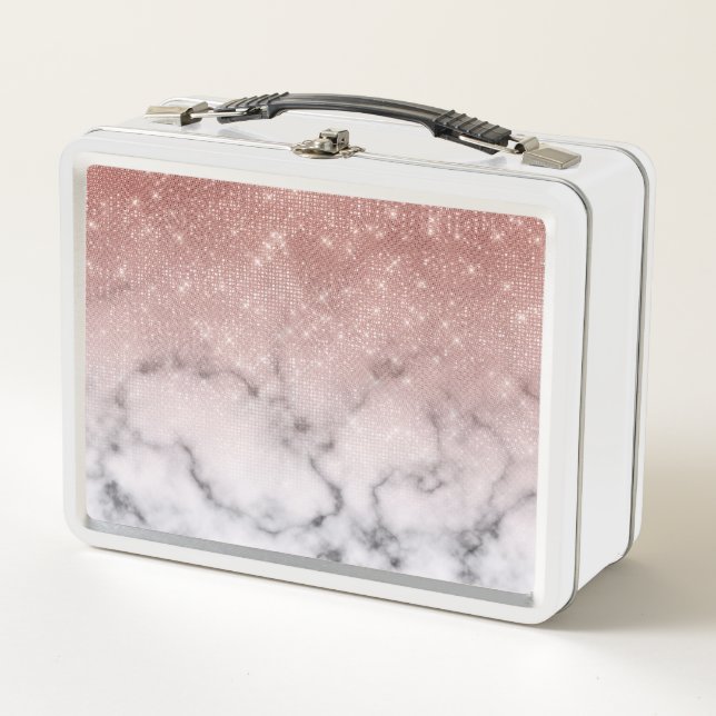 Rose Gold Sequin Glitter White Marble Ombre Metal Lunch Box (Front)