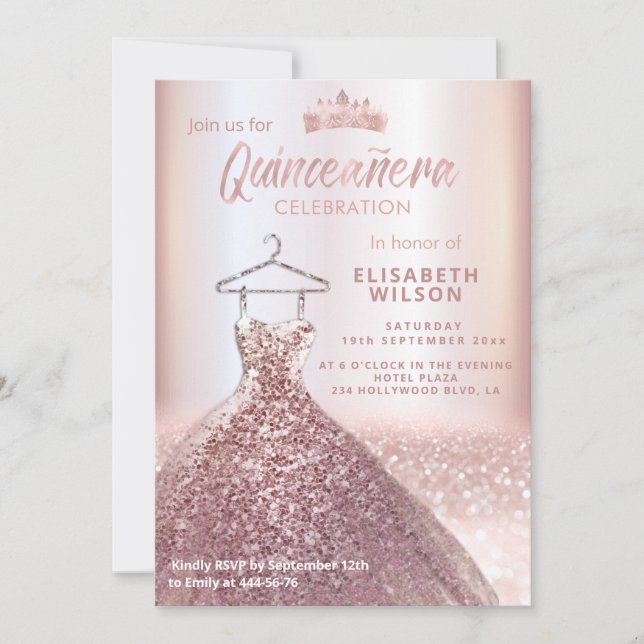 Rose gold sequins dress tiara  Quinceañera Invitation (Front)