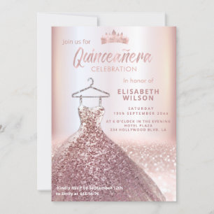 Rose gold sequins dress tiara  Quinceañera Invitation