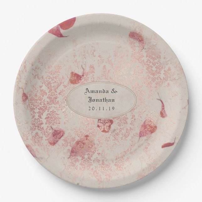 Rose Gold Shabby-Chic Wedding Paper Plate (Front)