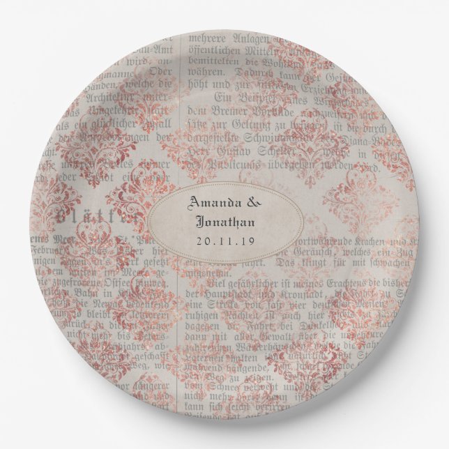 Rose Gold Shabby-Chic Wedding Paper Plate (Front)