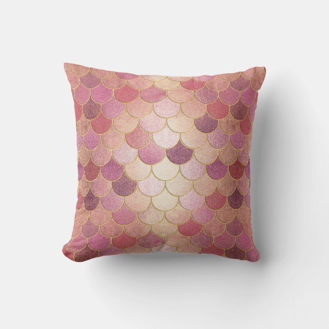 Rose Gold Shimmer Mermaid Scale Pattern Throw Pillow (Front)