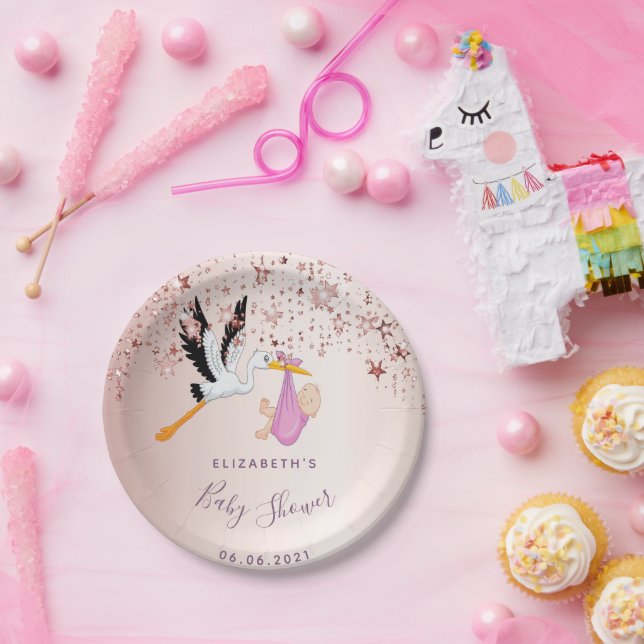 Rose gold shining stars stork girl baby shower paper plate (Party)
