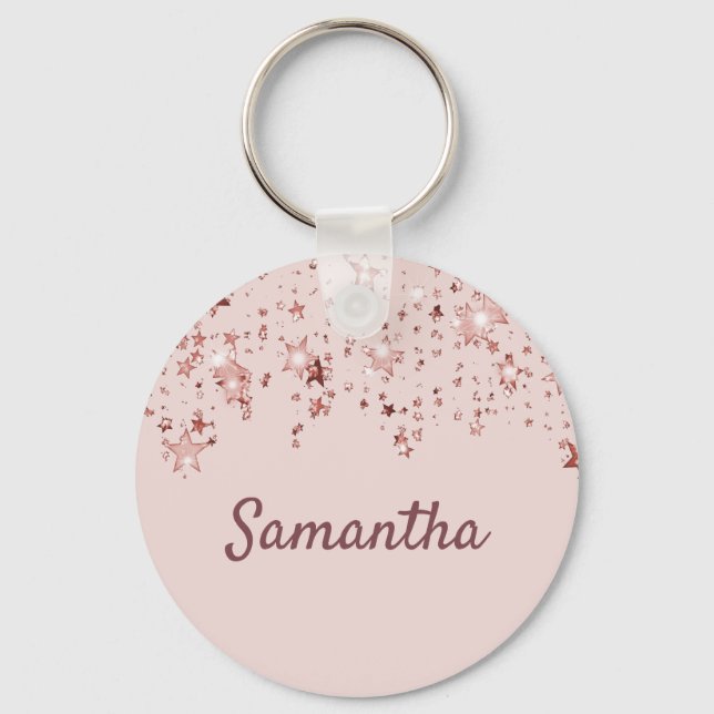 Rose gold shiny stars copper girly pastel pink keychain (Front)