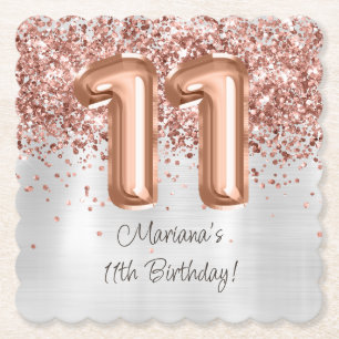 Rose Gold Silver 11th Birthday Party Paper Coaster