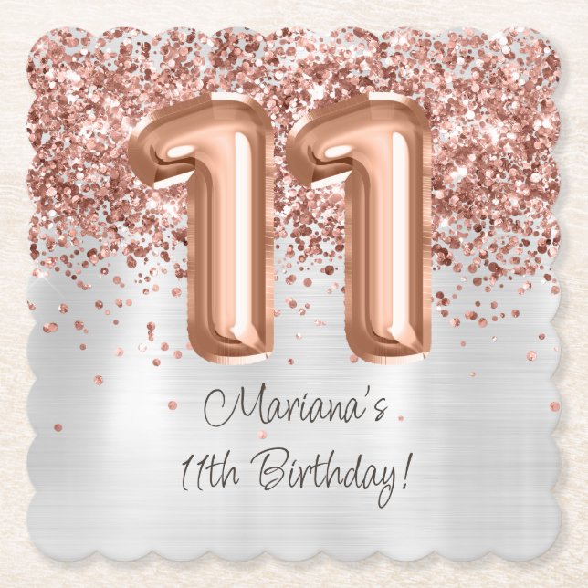  Rose Gold Silver 11th Birthday Party Paper Coaster (Front)