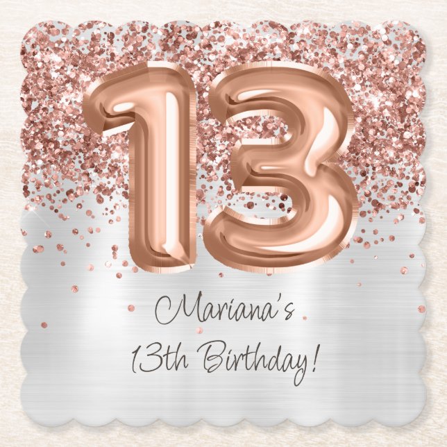  Rose Gold Silver 13th Birthday Party Paper Coaster (Front)