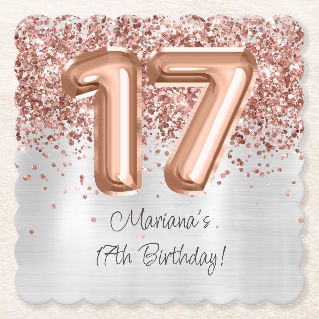  Rose Gold Silver 17th Birthday Party Paper Coaster (Front)