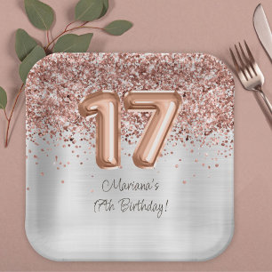 Rose Gold Silver 17th Birthday Party Paper Plate