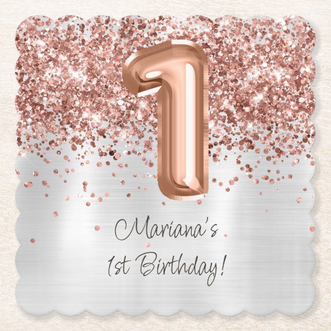  Rose Gold Silver 1st Birthday Party Paper Coaster (Front)