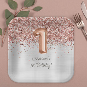  Rose Gold Silver 1st Birthday Party Paper Plate