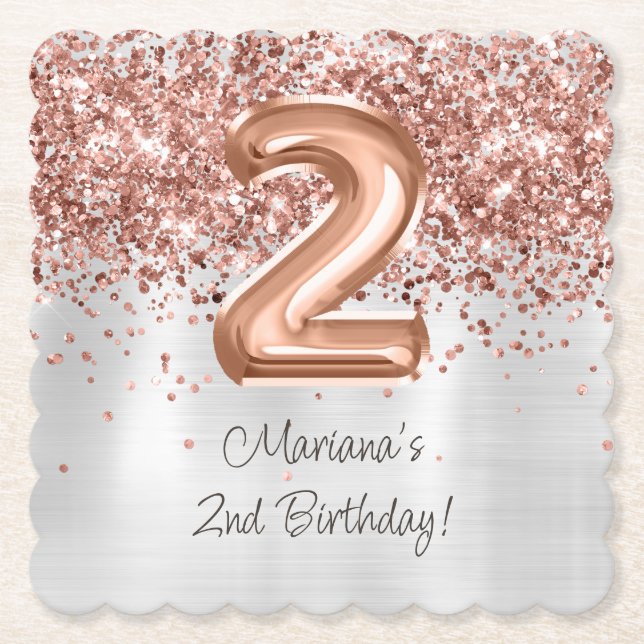  Rose Gold Silver 2nd Birthday Party Paper Coaster (Front)