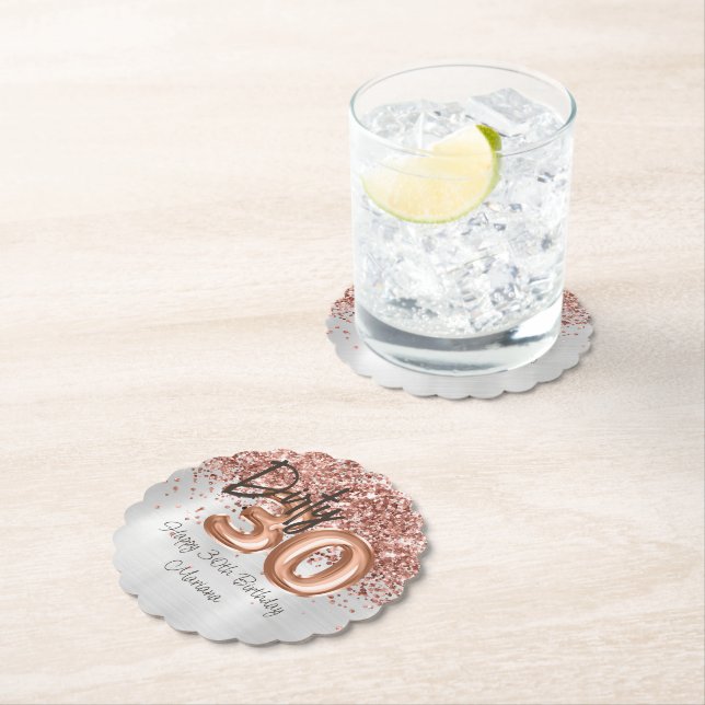 Rose Gold Silver 30th Birthday Party Paper Coaster (Insitu)