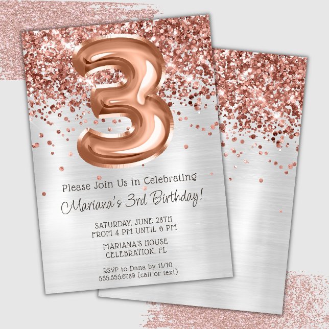 Rose Gold Silver 3rd Birthday Party Invitation (Creator Uploaded)