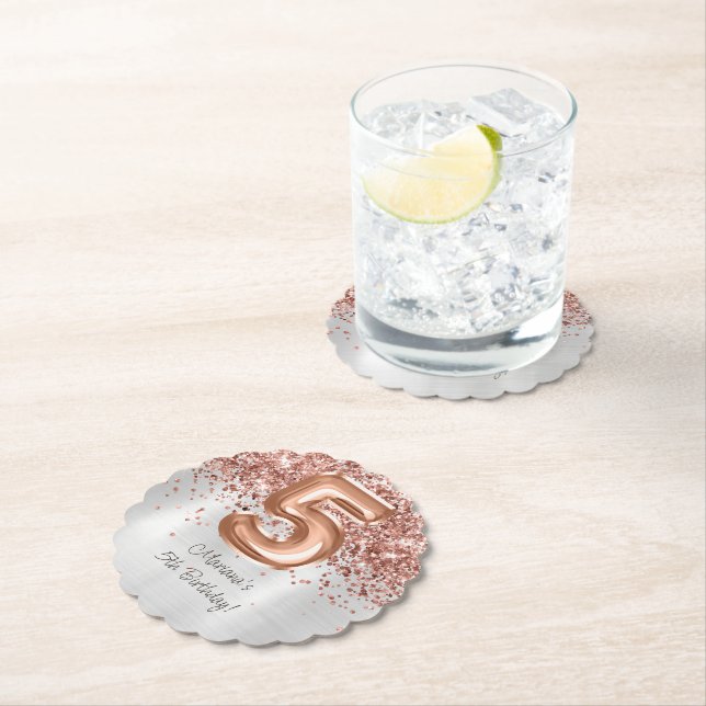  Rose Gold Silver 5th Birthday Party Paper Coaster (Insitu)