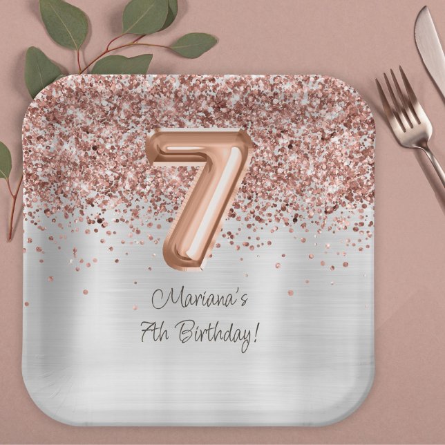  Rose Gold Silver 7th Birthday Party Paper Plate (Creator Uploaded)