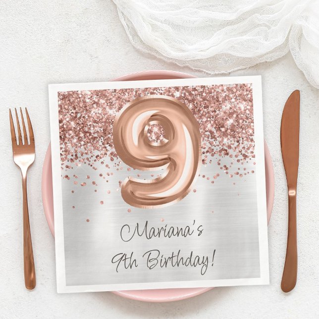  Rose Gold Silver 9th Birthday Party Napkin (Creator Uploaded)