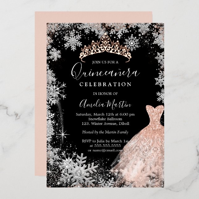 Rose Gold Silver Black Snowflake Quinceanera  (Front/Back)
