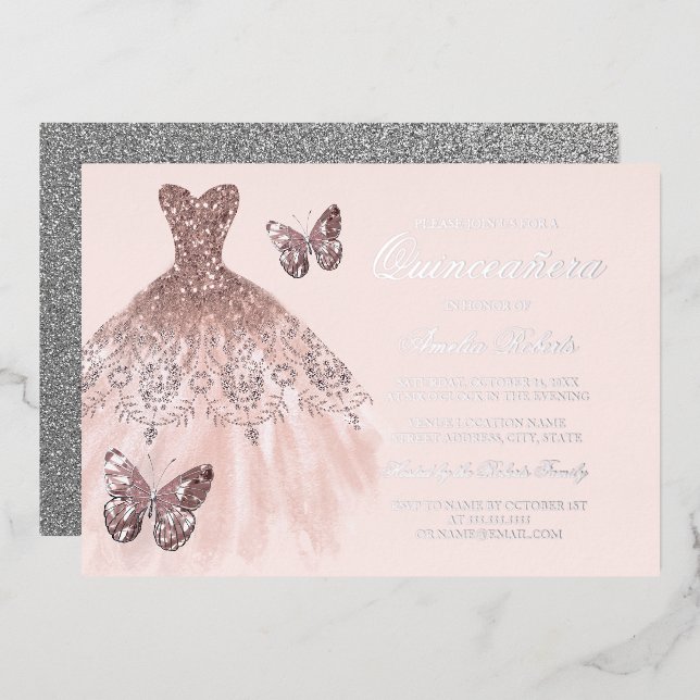 ROSE GOLD SILVER Butterfly Dress Quinceanera   (Front/Back)