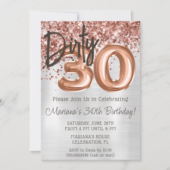 Rose Gold Silver Dirty 30 Thirty Birthday Party Invitation (Front)