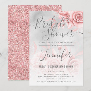 Rose Gold Silver Floral Glitter Bridal Shower Invitation