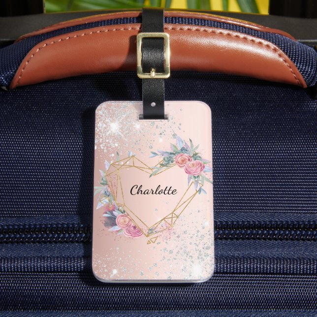 Rose gold silver floral name  luggage tag (Front Insitu 2)
