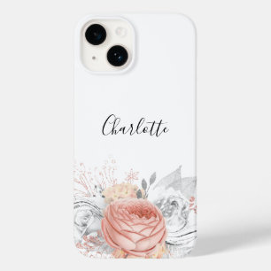 Rose gold silver foliage white name elegant Case-Mate iPhone 14 case
