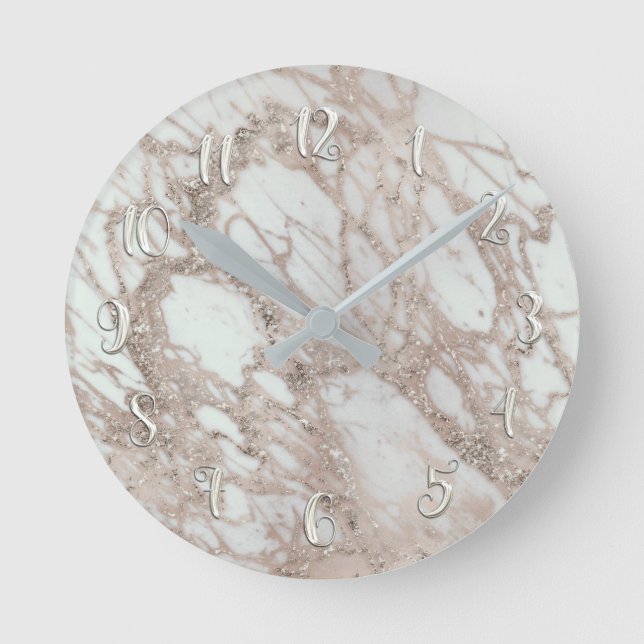 Rose Gold Silver Glam Marble Modern Personalized Round Clock (Front)