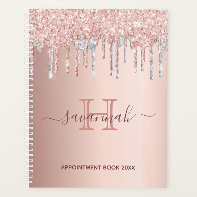 Rose gold silver glitter drips monogram planner (Front)