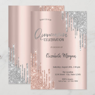 Rose Gold Silver Glitter Drips Quinceañera Invitation