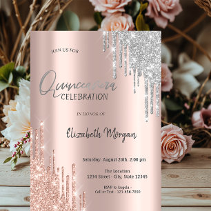 Rose Gold Silver Glitter Drips Quinceañera Invitation