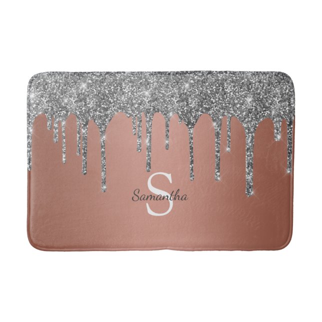 Rose Gold Silver Glitter Drips Sparkle Monogram Bath Mat (Front)