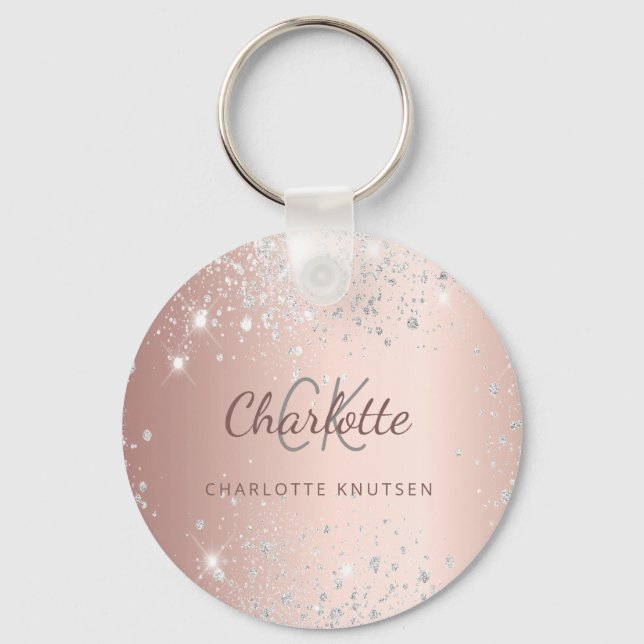 Rose gold silver glitter dust monogram name  keychain (Front)