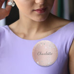 Rose gold silver glitter dust monogram name tag 2 inch round button<br><div class="desc">An elegant rose gold faux metallic looking background. Decorated with faux silver glitter dust. Personalize and add your name. The name is written with a hand lettered style script.</div>