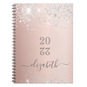 Rose gold silver glitter dust monogram script notebook