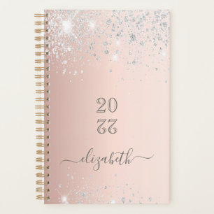 Rose gold silver glitter dust monogram script planner