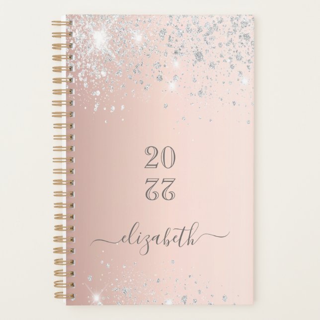 Rose gold silver glitter dust monogram script planner (Front)