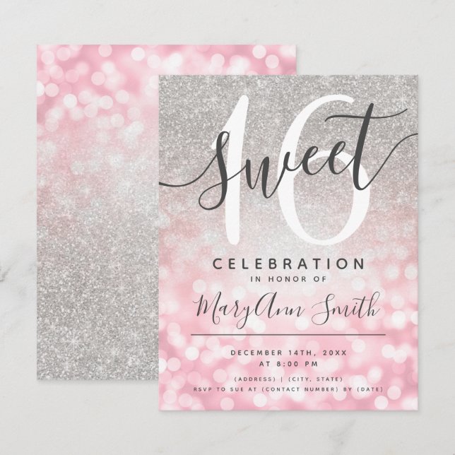 Rose Gold Silver Glitter Glam Lights 16th Birthday Invitation (Front/Back)
