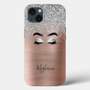 Rose Gold Silver Glitter Metallic Eyelash Monogram iPhone 13 Case
