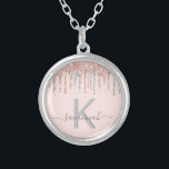 Rose gold silver glitter monogram elegant silver plated necklace<br><div class="desc">Girly, trendy and monogrammed. A feminine blush pink background decorated with rose gold and faux silver glitter drips. Personalize and add a name and monogram letter. Grey coloured letters. The name is written with a modern hand lettered style script with swashes. To keep the swashes only delete the sample name,...</div>